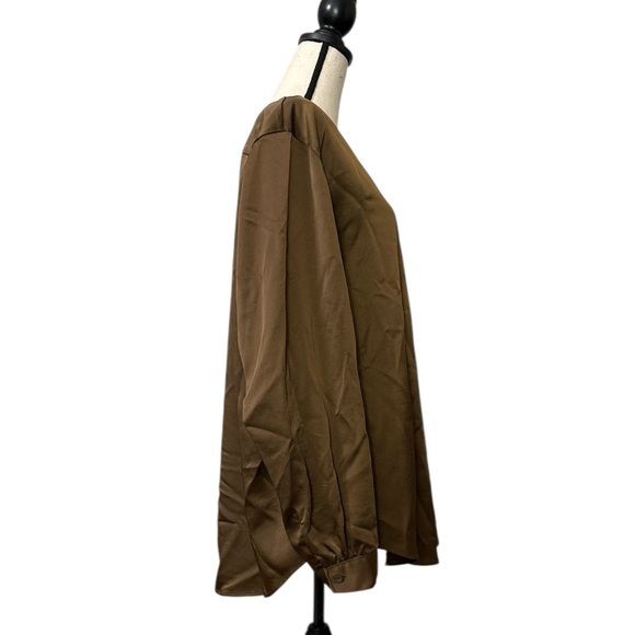 Universal Standard Eva Long Sleeve Satin V-Neck Blouse in Caramel size 22 - Picture 7 of 10